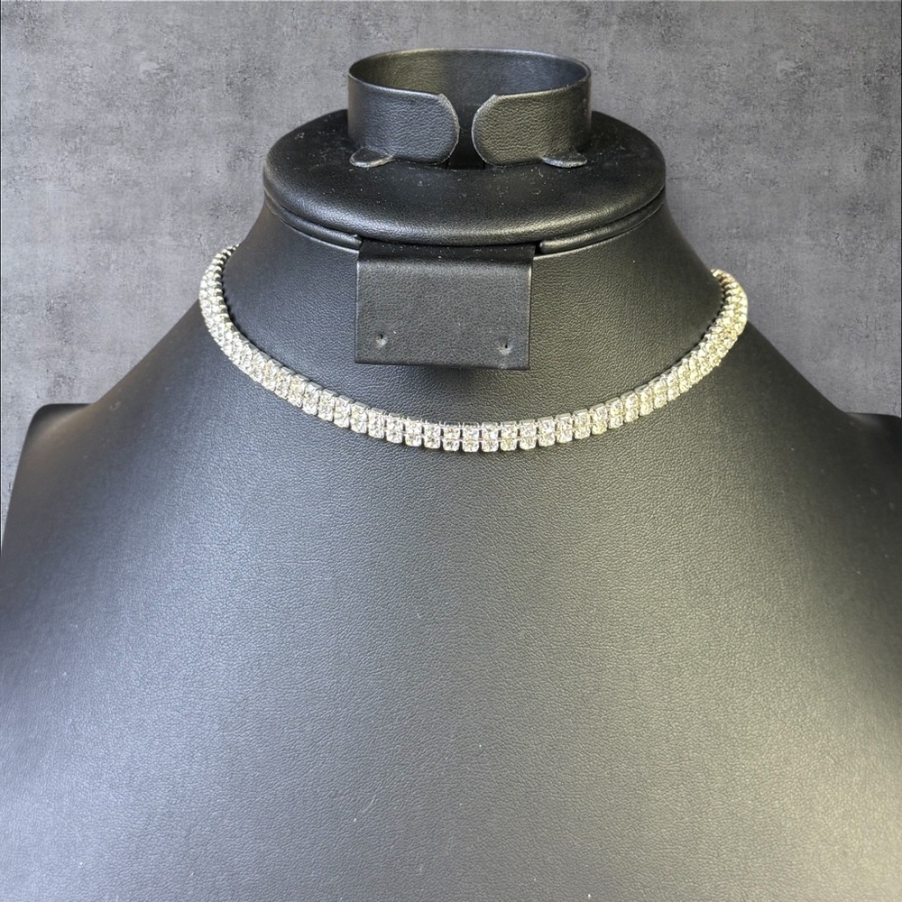 200. Silver Tone Double Rhinestone Choker Necklace Adjustable